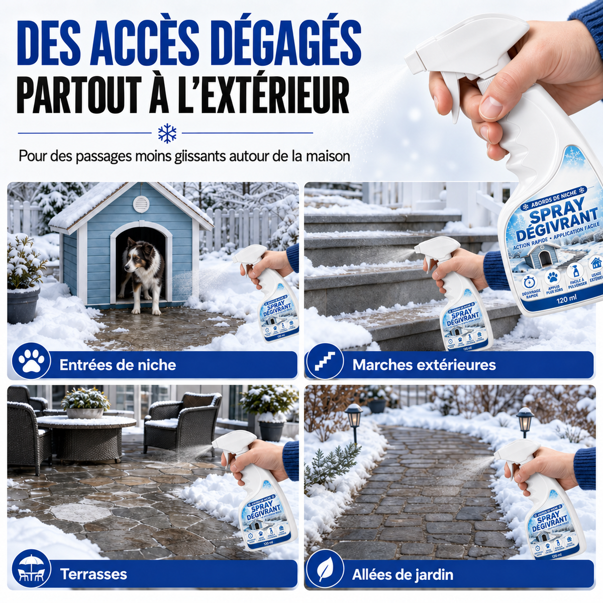 ⭐ Spray dégivrant et déneigeant pour l’extérieur – respectueux des animaux, dissout le givre au contact. Dégagez rapidement marches, allées et terrasses ! 🛡️✅