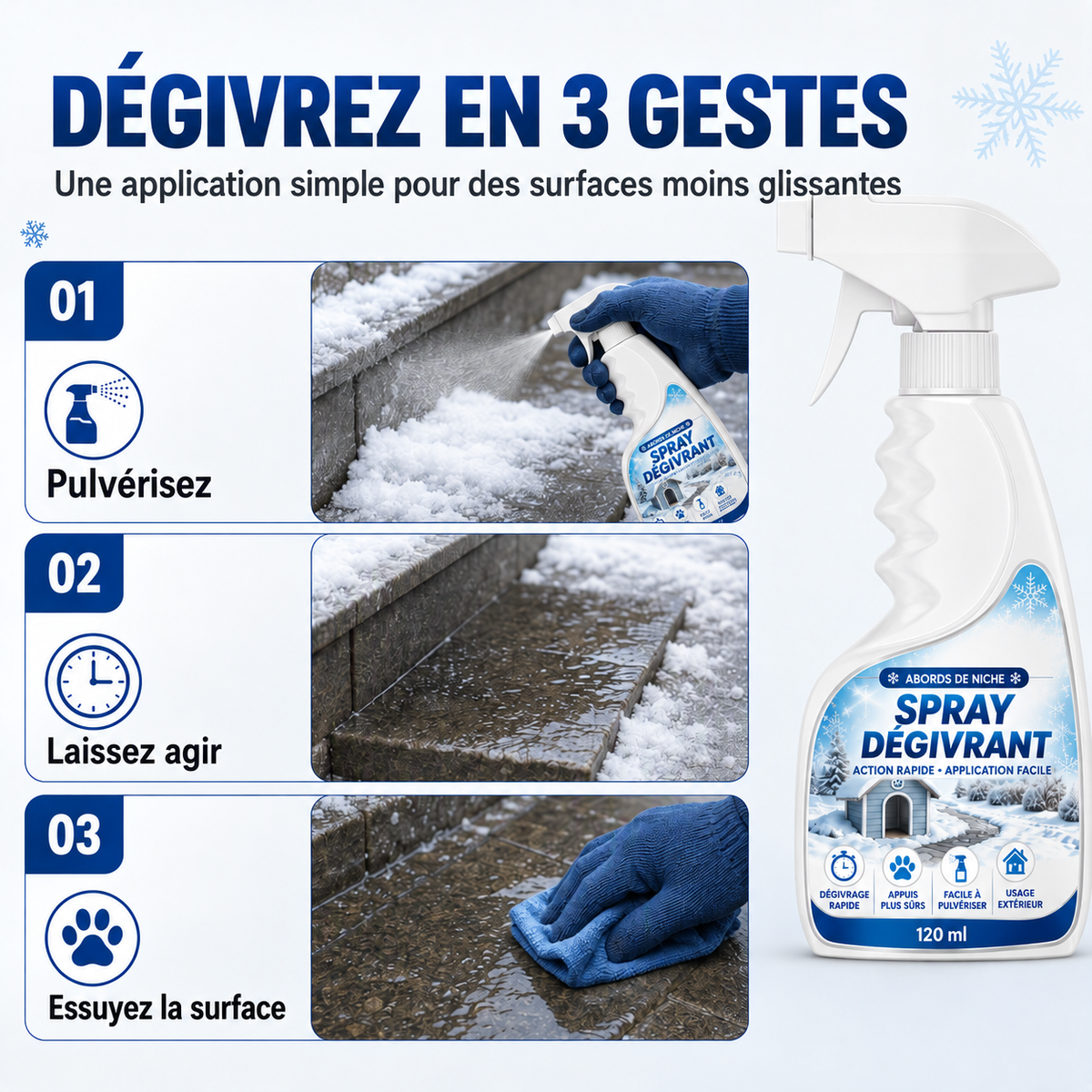⭐ Spray dégivrant et déneigeant pour l’extérieur – respectueux des animaux, dissout le givre au contact. Dégagez rapidement marches, allées et terrasses ! 🛡️✅