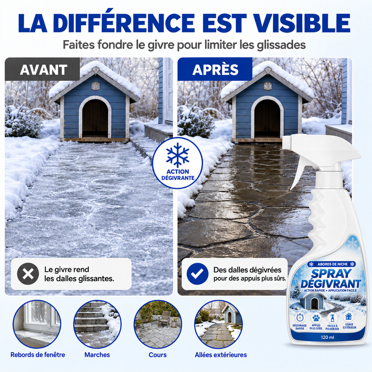 ⭐ Spray dégivrant et déneigeant pour l’extérieur – respectueux des animaux, dissout le givre au contact. Dégagez rapidement marches, allées et terrasses ! 🛡️✅