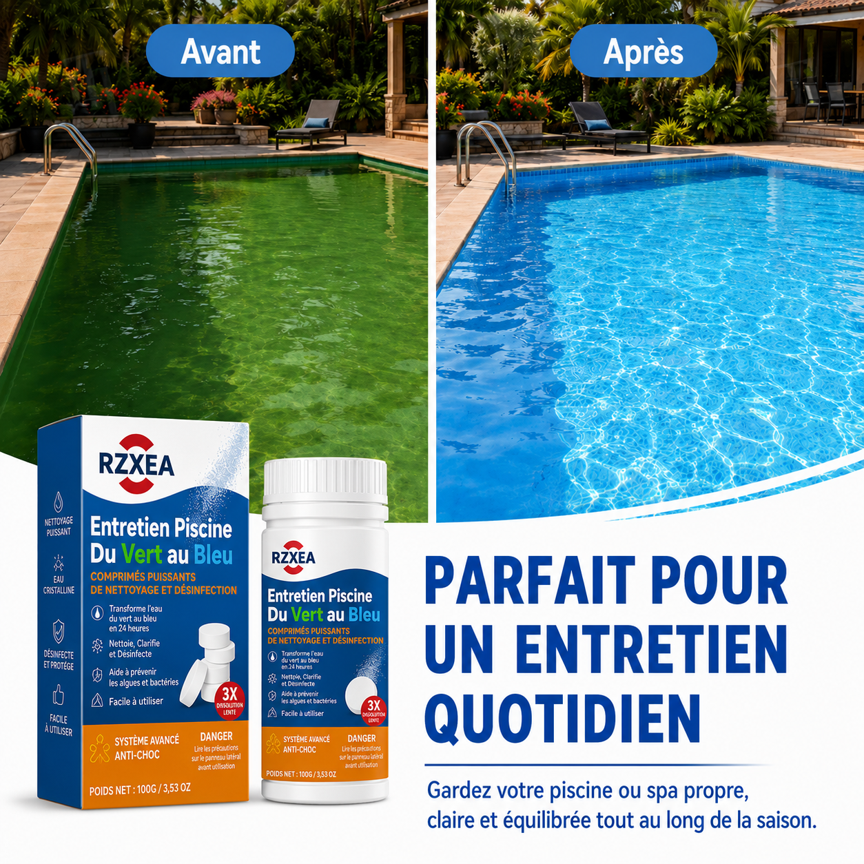 RZXEA™ Entretien Piscine Du Vert au Bleu