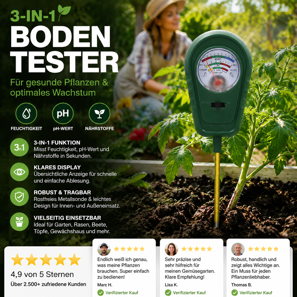 Analyseur de sol 3-en-1 pour jardin, pelouse et plantes en pot