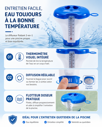 AEXZR™ AquaDose 3-en-1 – Diffuseur flottant pour pastilles avec thermomètre intégré