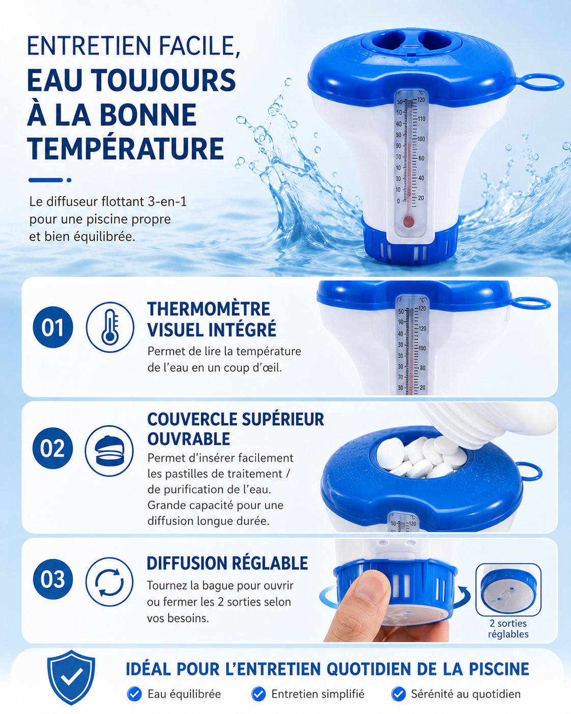 AEXZR™ AquaDose 3-en-1 – Diffuseur flottant pour pastilles avec thermomètre intégré