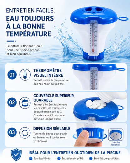 AEXZR™ AquaDose 3-en-1 – Diffuseur flottant pour pastilles avec thermomètre intégré