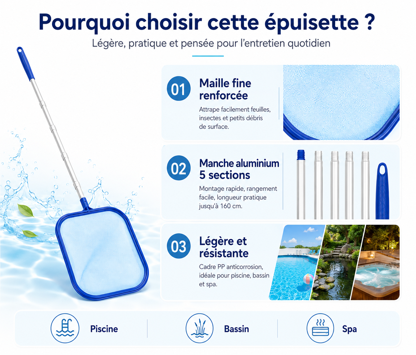 AEXZR™ AquaScoop Pro  Épuisette de piscine à manche aluminium 5 sections
