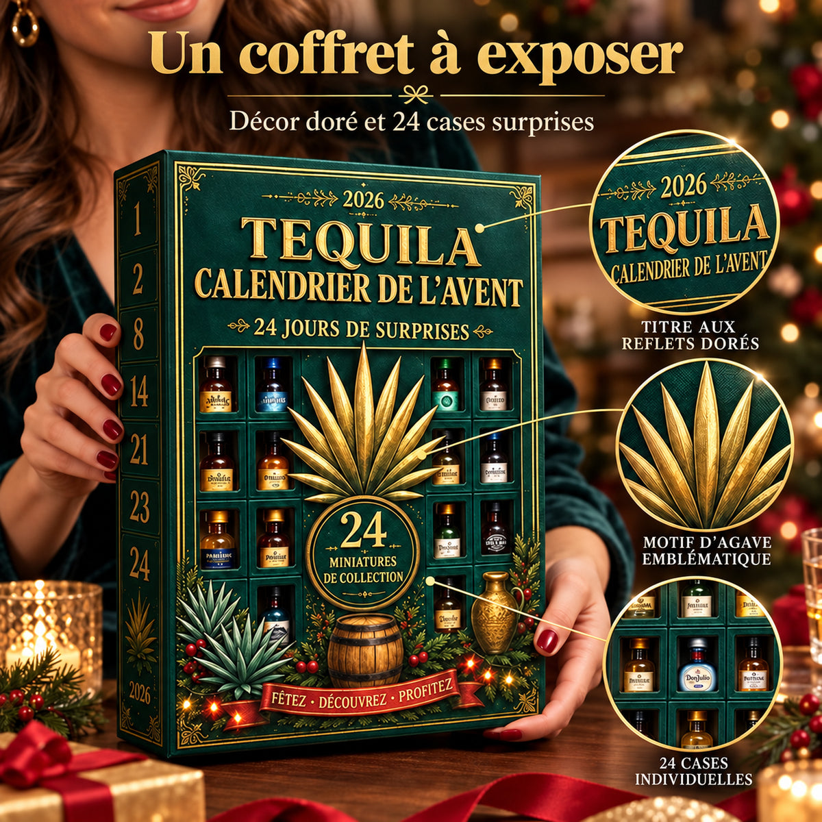 Coffret vert et doré avec 24 cases individuelles et un motif d’agave