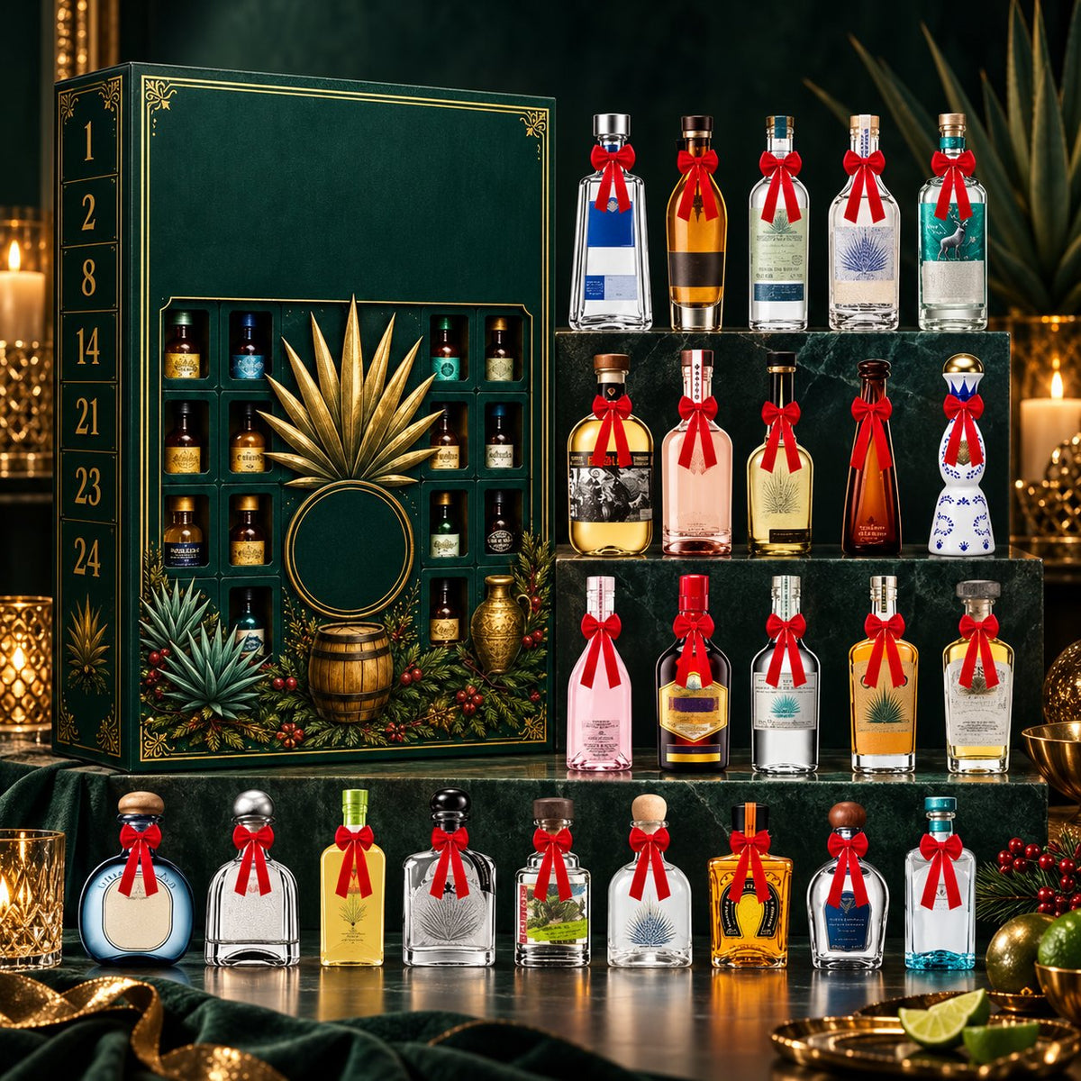 Présentation des 24 miniatures décoratives et de leur coffret vert et doré